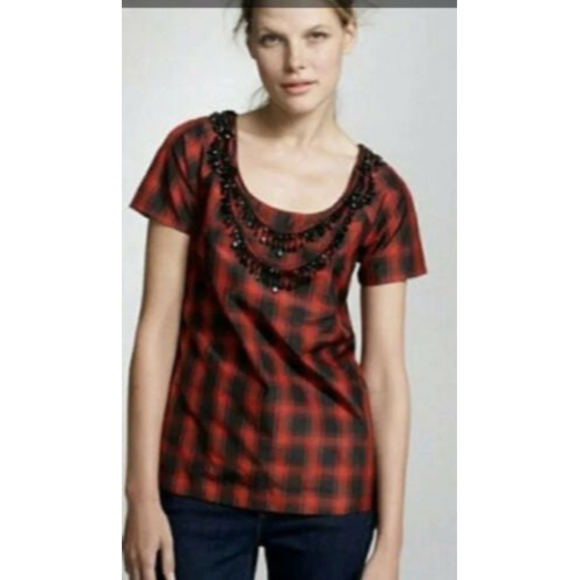 J Crew Eliza Plaid Silk Short Sleeve Blouse Red Black Beaded Necklace Top - Picture 1 of 10
